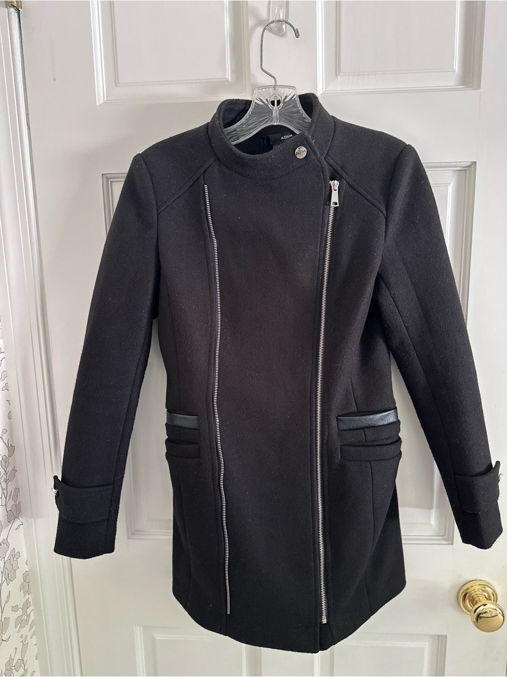 Aqua Black Asymmetrical Zip Pea Coat